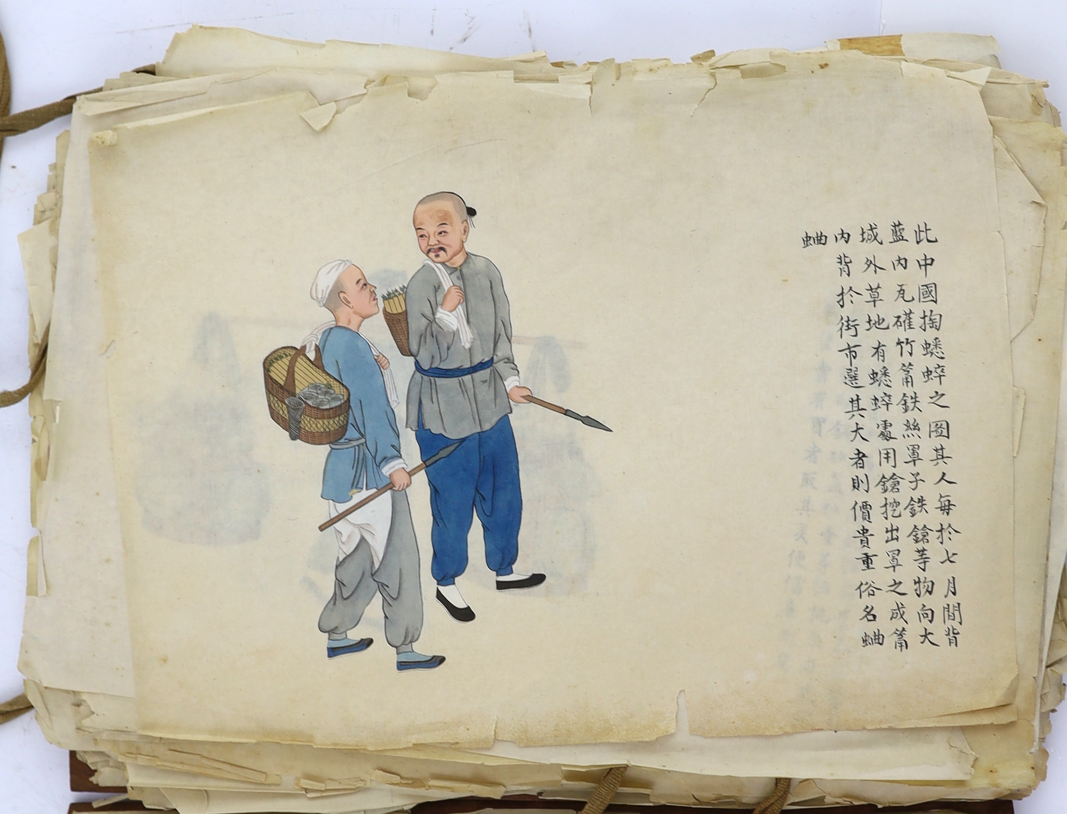 An album of Chinese watercolours on rice paper, trades and customs of China, late 19th / early 20th century, losses and tears to most pages